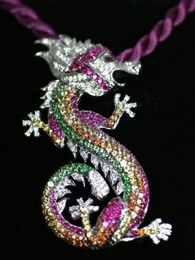 18k WG Dragon Pendant / Brooch 4.9 carats Multi-Color Stone, Diamonds